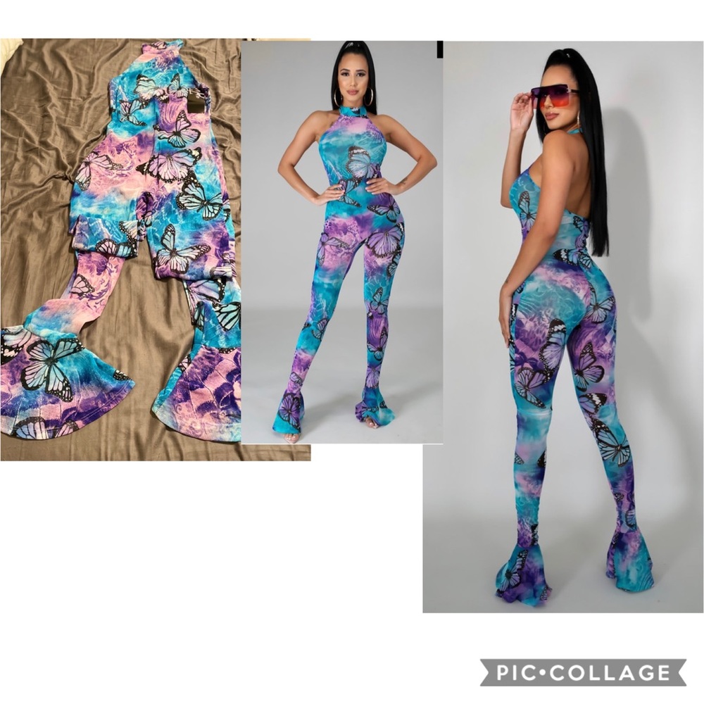 Butterfly sleeveless flare leg jumpsuit